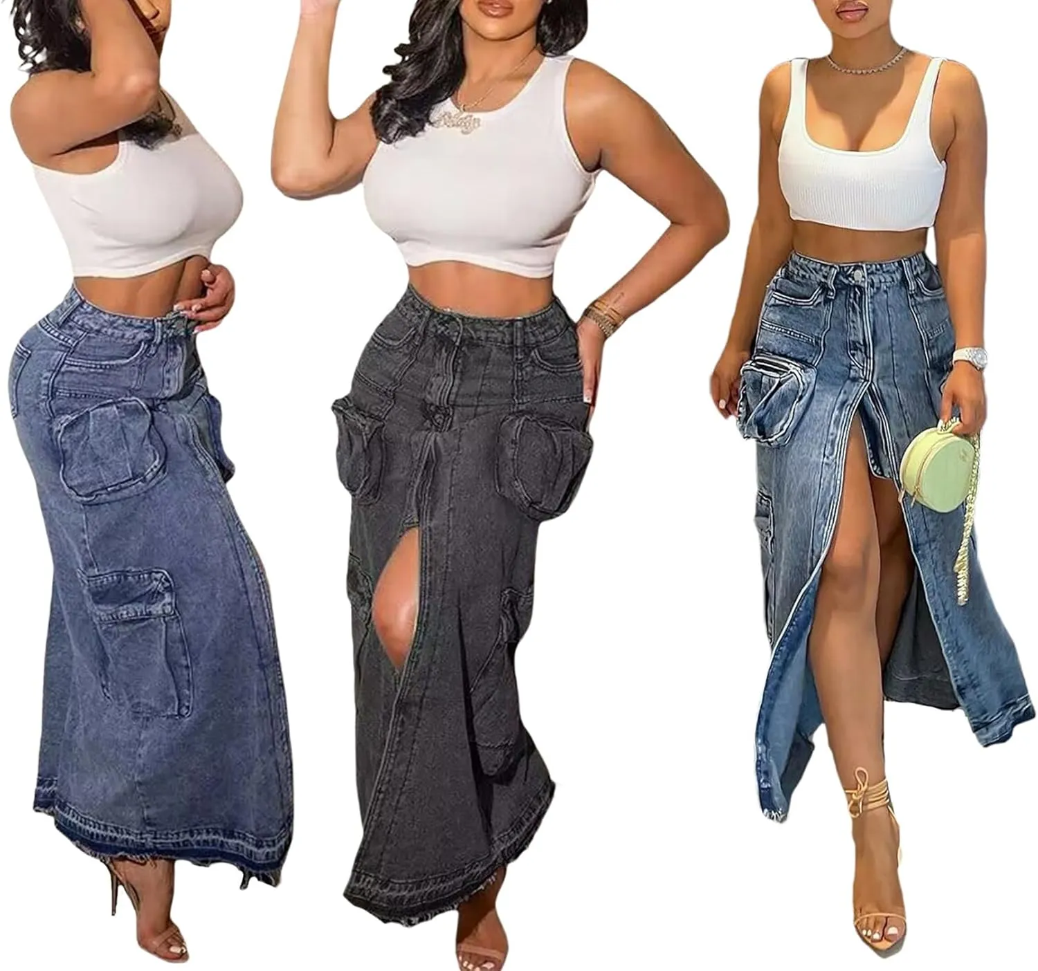 Tcremisa Womens Sexy Cargo Denim Skirt Stretchy High Waist Split Bodycon Midi Skirts Multi Pockets