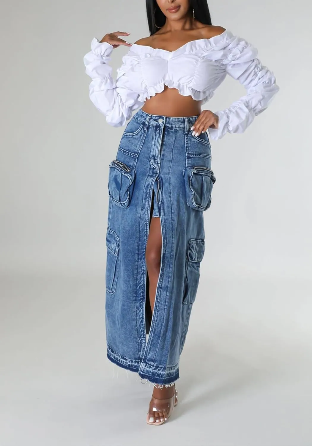 Tcremisa Womens Sexy Cargo Denim Skirt Stretchy High Waist Split Bodycon Midi Skirts Multi Pockets