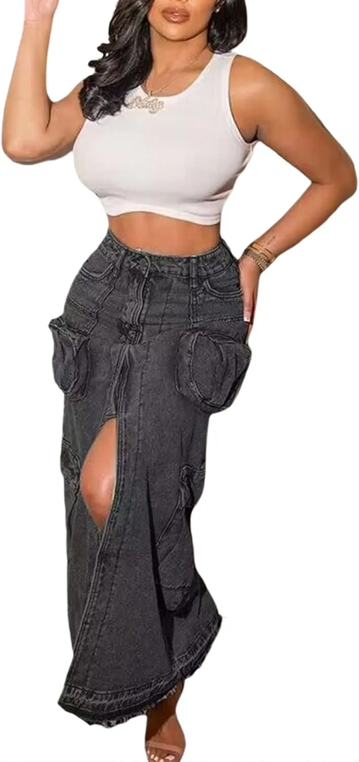 Tcremisa Womens Sexy Cargo Denim Skirt Stretchy High Waist Split Bodycon Midi Skirts Multi Pockets