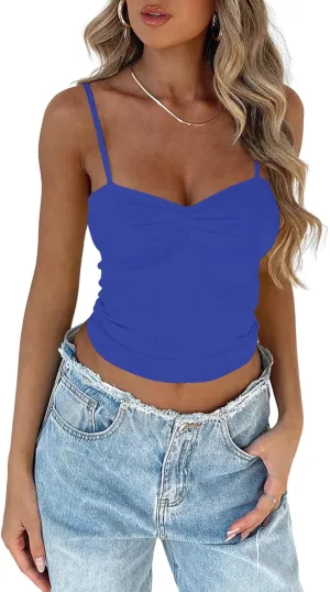TFSDOD Women's Sleeveless Tank Top Sexy Sweetheart Neck Going Out Crop Top Cute Y2K Pleated Strappy Vest Cami Shirt