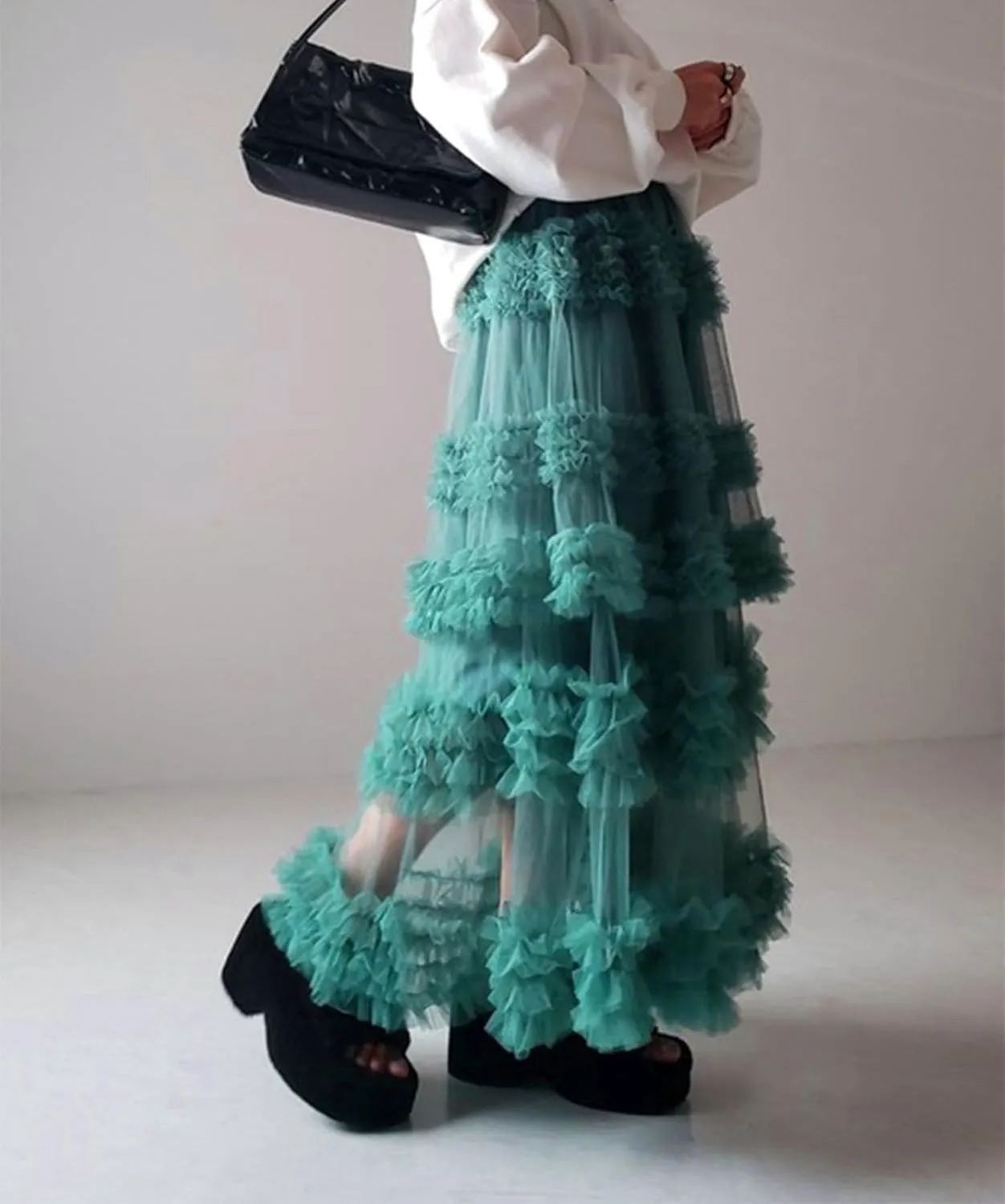 Tulle Skirts for Women Elastic Waist Ruffle Maxi Skirt Tiered Layered Mesh Y2K A-Line Skirt Puffy Tutu Chiffon Pettiskirts