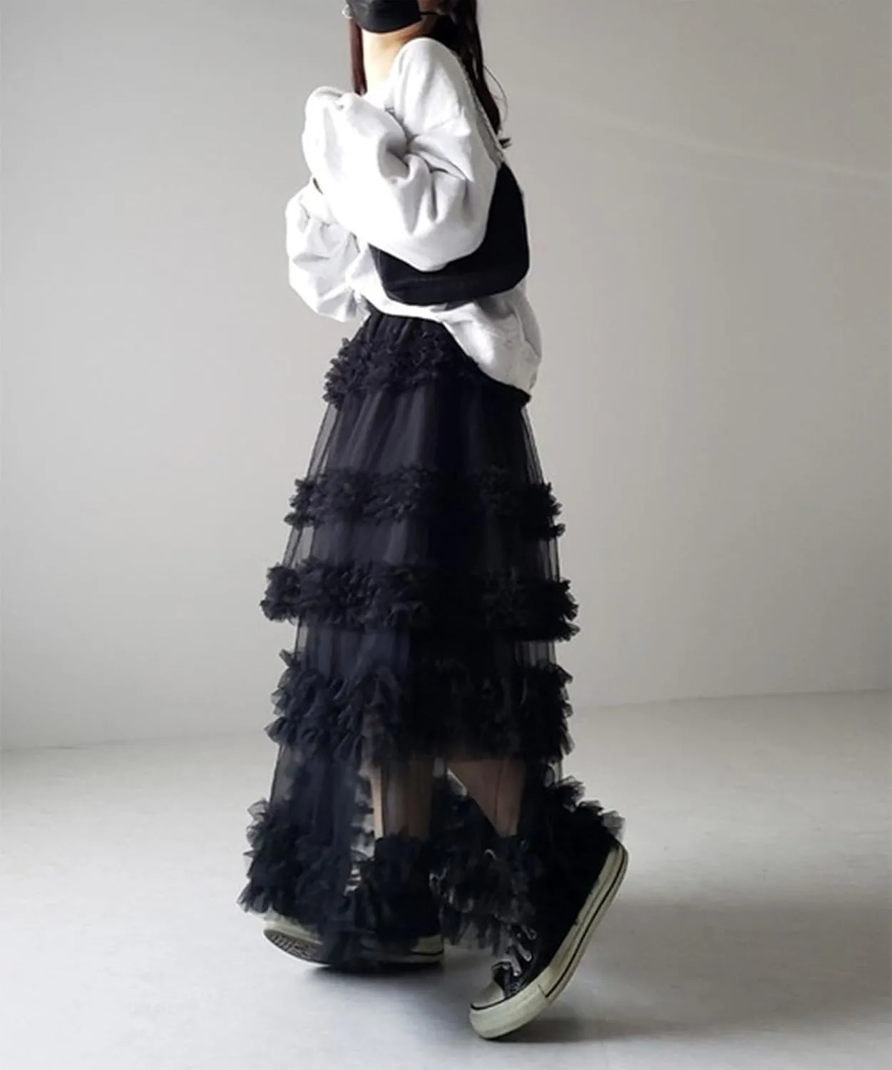 Tulle Skirts for Women Elastic Waist Ruffle Maxi Skirt Tiered Layered Mesh Y2K A-Line Skirt Puffy Tutu Chiffon Pettiskirts