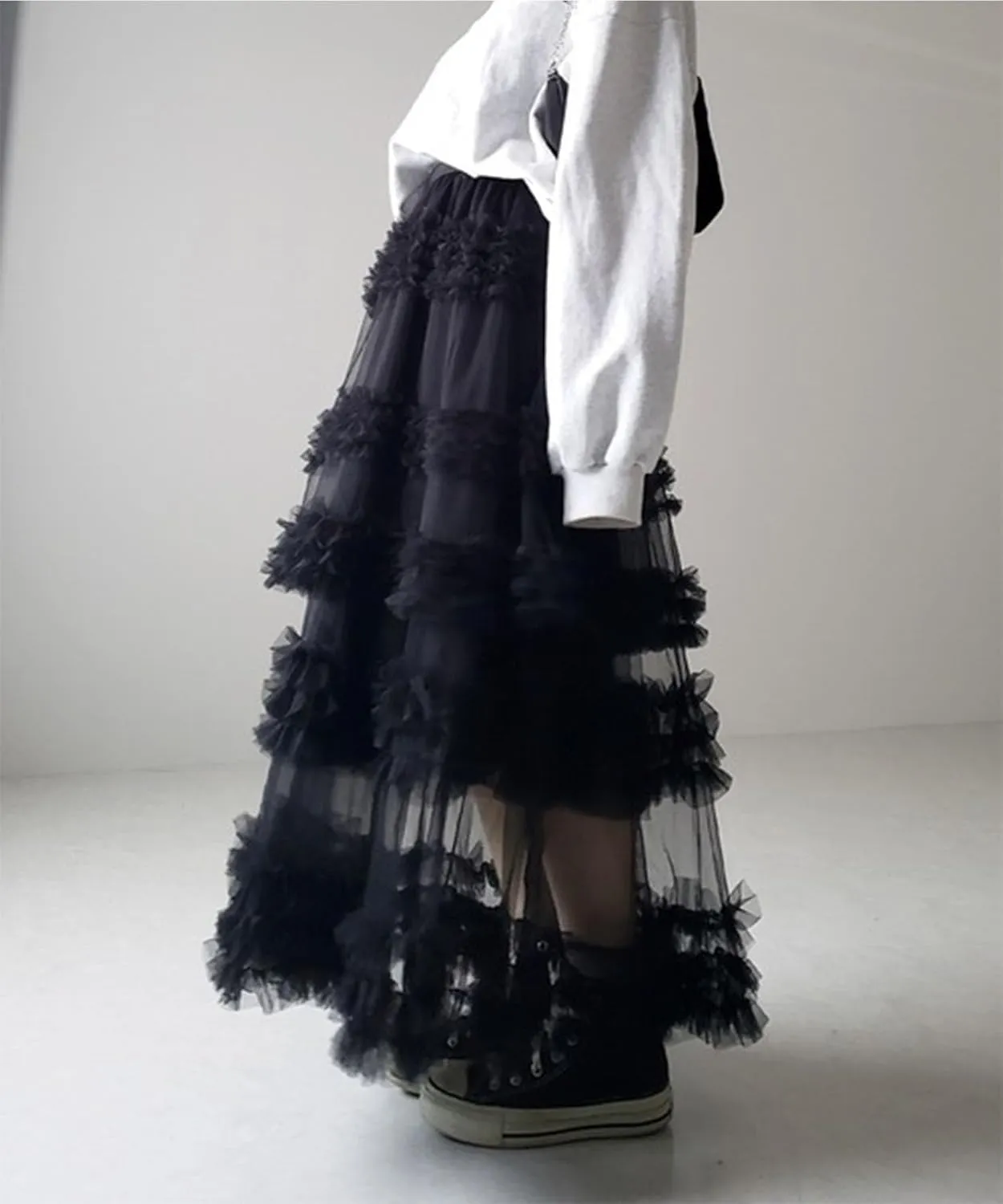 Tulle Skirts for Women Elastic Waist Ruffle Maxi Skirt Tiered Layered Mesh Y2K A-Line Skirt Puffy Tutu Chiffon Pettiskirts
