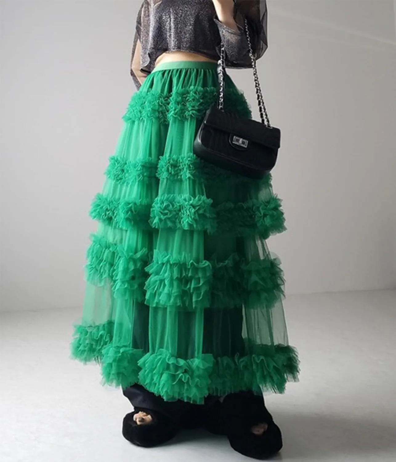 Tulle Skirts for Women Elastic Waist Ruffle Maxi Skirt Tiered Layered Mesh Y2K A-Line Skirt Puffy Tutu Chiffon Pettiskirts