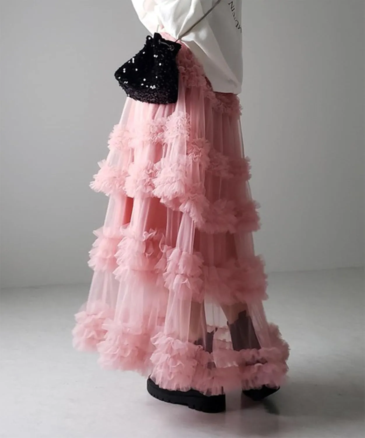 Tulle Skirts for Women Elastic Waist Ruffle Maxi Skirt Tiered Layered Mesh Y2K A-Line Skirt Puffy Tutu Chiffon Pettiskirts
