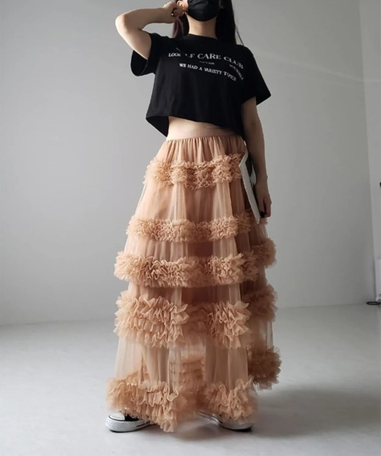 Tulle Skirts for Women Elastic Waist Ruffle Maxi Skirt Tiered Layered Mesh Y2K A-Line Skirt Puffy Tutu Chiffon Pettiskirts