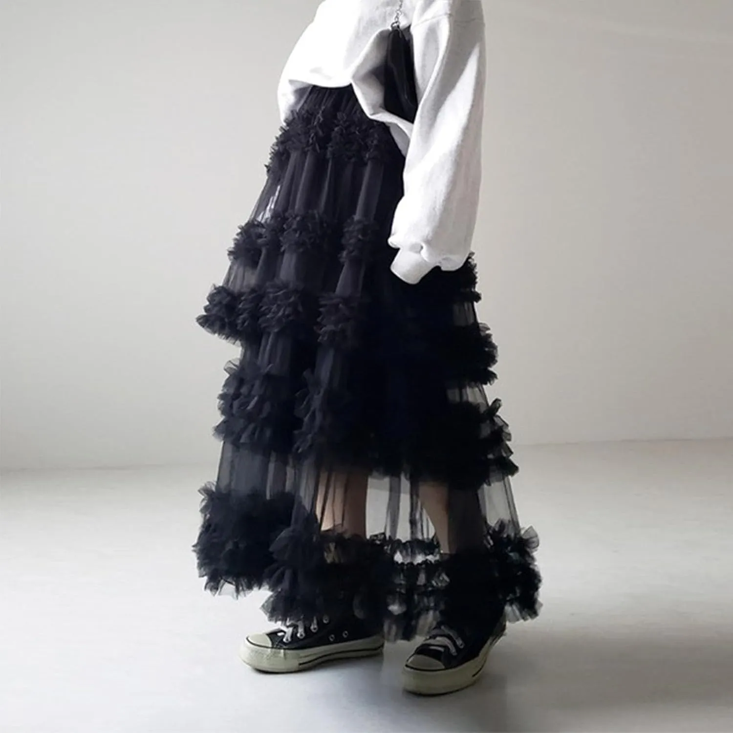 Tulle Skirts for Women Elastic Waist Ruffle Maxi Skirt Tiered Layered Mesh Y2K A-Line Skirt Puffy Tutu Chiffon Pettiskirts