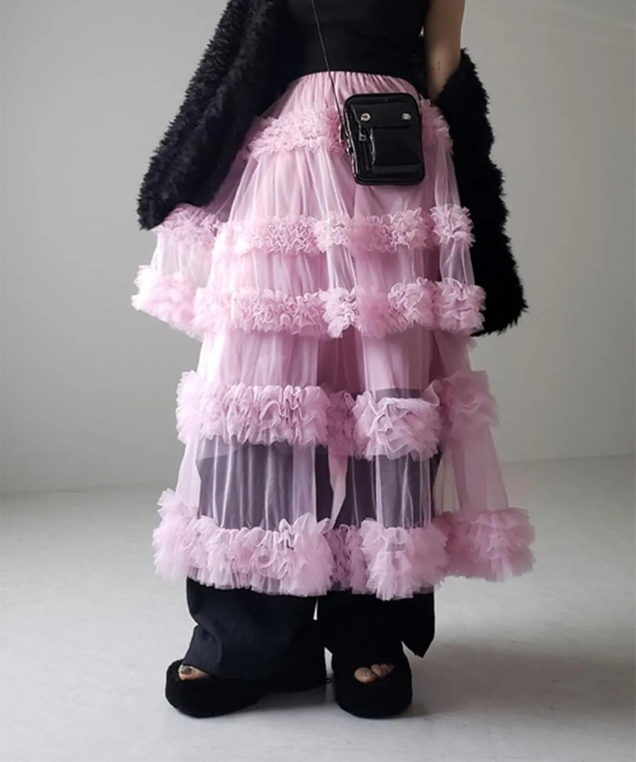 Tulle Skirts for Women Elastic Waist Ruffle Maxi Skirt Tiered Layered Mesh Y2K A-Line Skirt Puffy Tutu Chiffon Pettiskirts