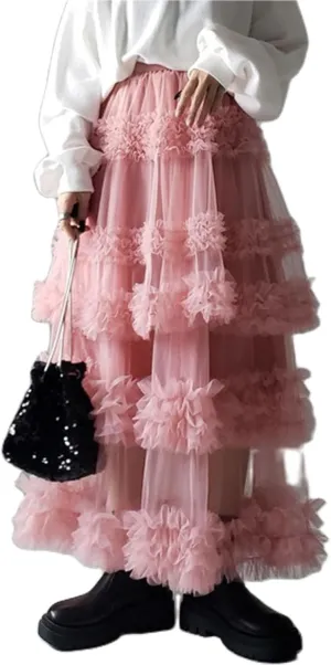 Tulle Skirts for Women Elastic Waist Ruffle Maxi Skirt Tiered Layered Mesh Y2K A-Line Skirt Puffy Tutu Chiffon Pettiskirts