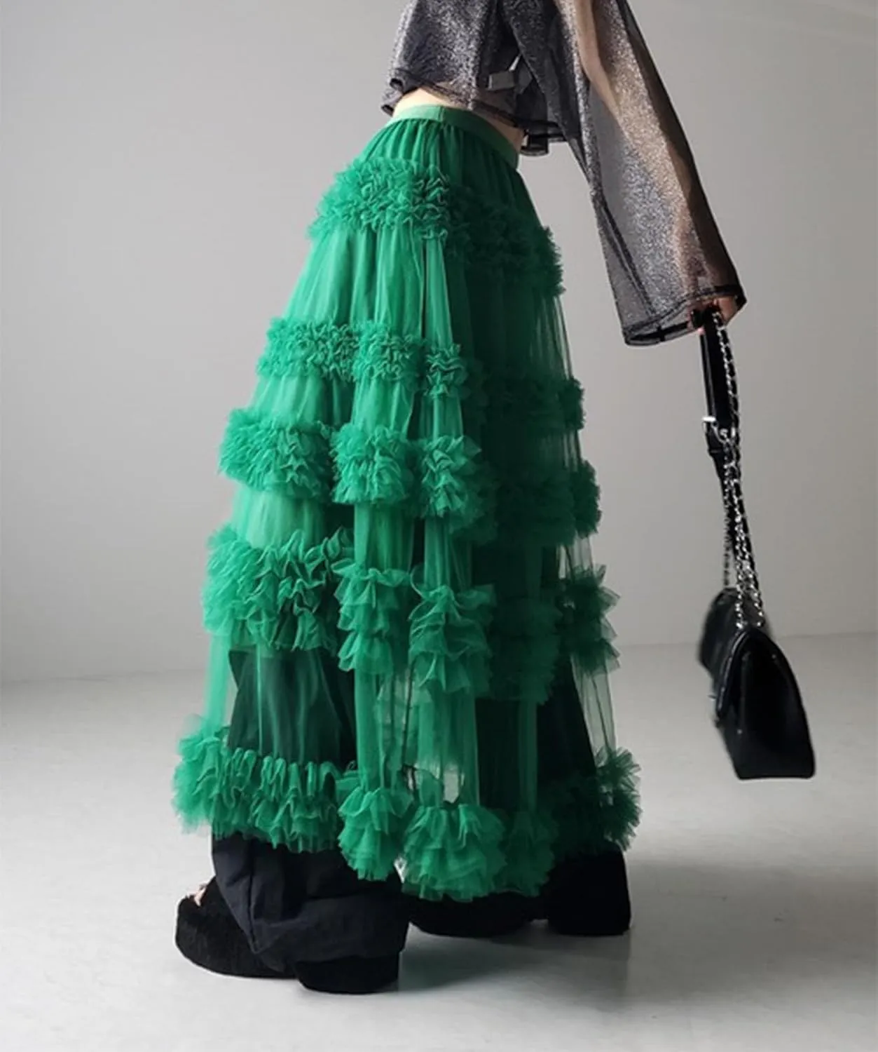 Tulle Skirts for Women Elastic Waist Ruffle Maxi Skirt Tiered Layered Mesh Y2K A-Line Skirt Puffy Tutu Chiffon Pettiskirts