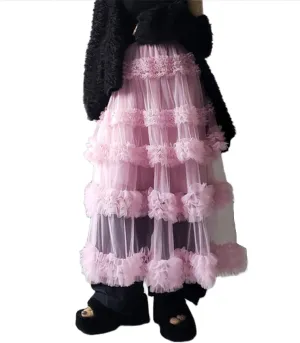 Tulle Skirts for Women Elastic Waist Ruffle Maxi Skirt Tiered Layered Mesh Y2K A-Line Skirt Puffy Tutu Chiffon Pettiskirts