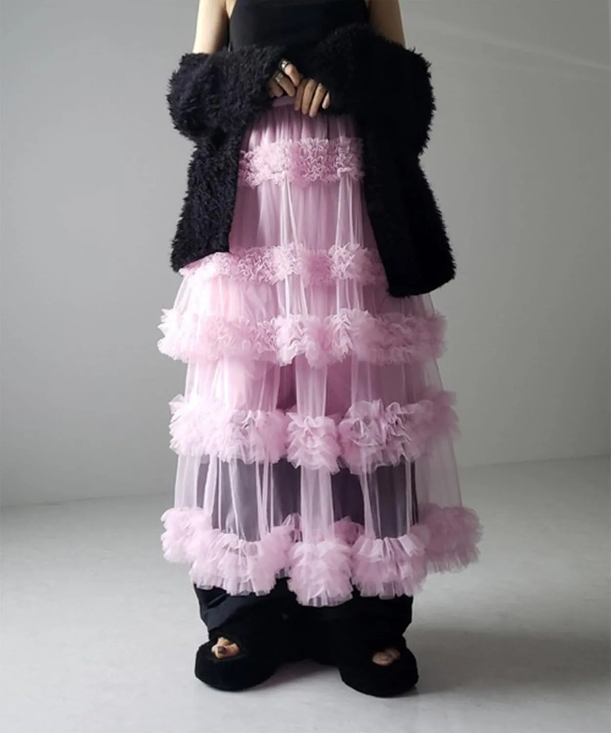 Tulle Skirts for Women Elastic Waist Ruffle Maxi Skirt Tiered Layered Mesh Y2K A-Line Skirt Puffy Tutu Chiffon Pettiskirts