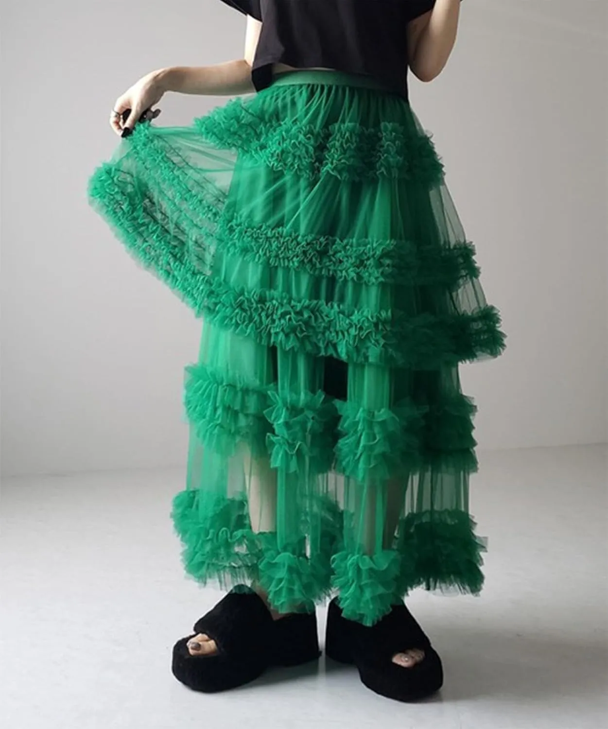 Tulle Skirts for Women Elastic Waist Ruffle Maxi Skirt Tiered Layered Mesh Y2K A-Line Skirt Puffy Tutu Chiffon Pettiskirts