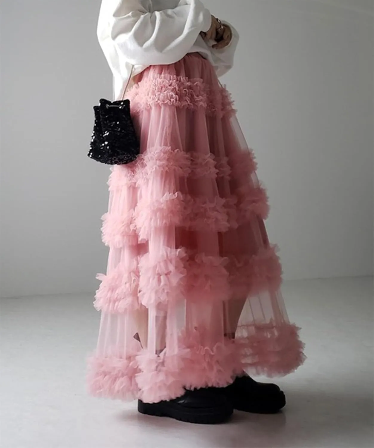Tulle Skirts for Women Elastic Waist Ruffle Maxi Skirt Tiered Layered Mesh Y2K A-Line Skirt Puffy Tutu Chiffon Pettiskirts