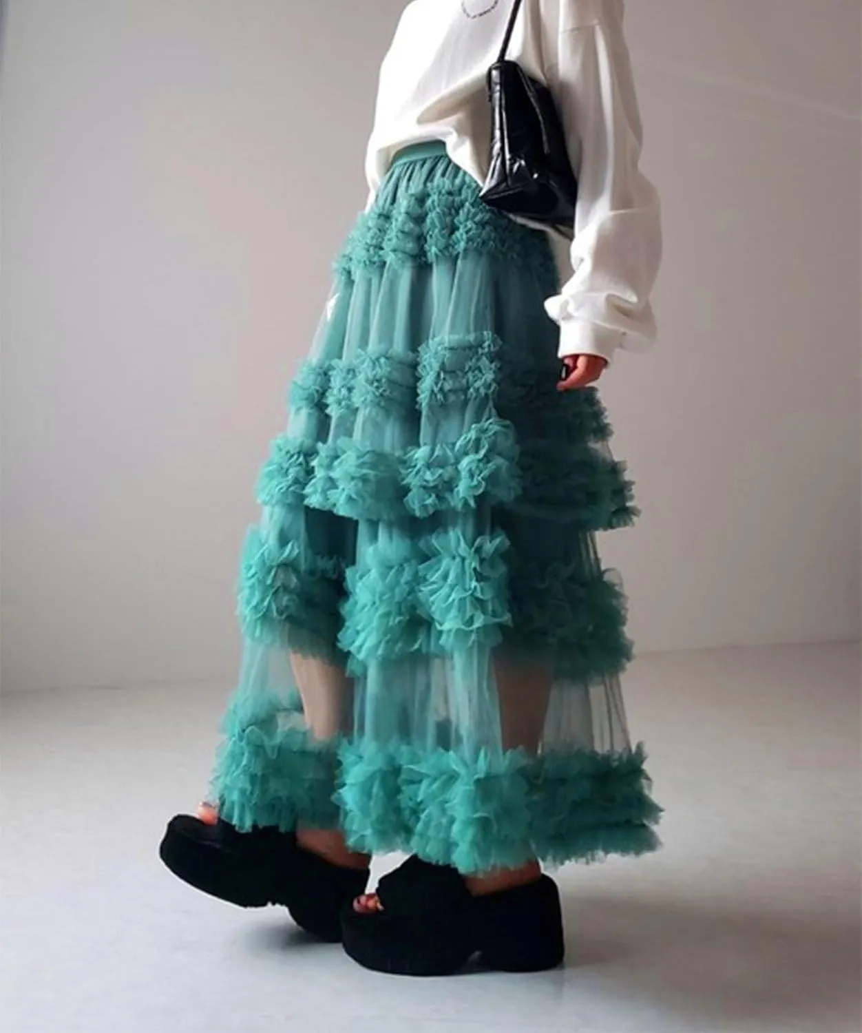 Tulle Skirts for Women Elastic Waist Ruffle Maxi Skirt Tiered Layered Mesh Y2K A-Line Skirt Puffy Tutu Chiffon Pettiskirts
