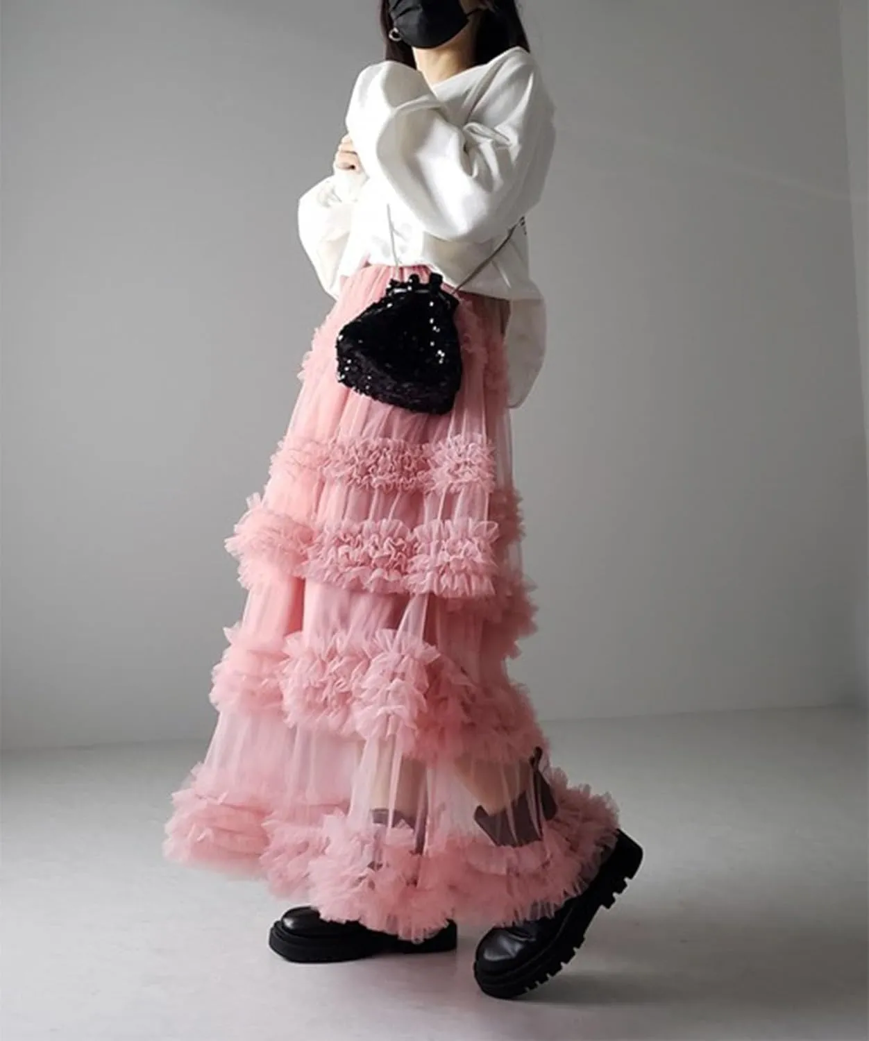 Tulle Skirts for Women Elastic Waist Ruffle Maxi Skirt Tiered Layered Mesh Y2K A-Line Skirt Puffy Tutu Chiffon Pettiskirts