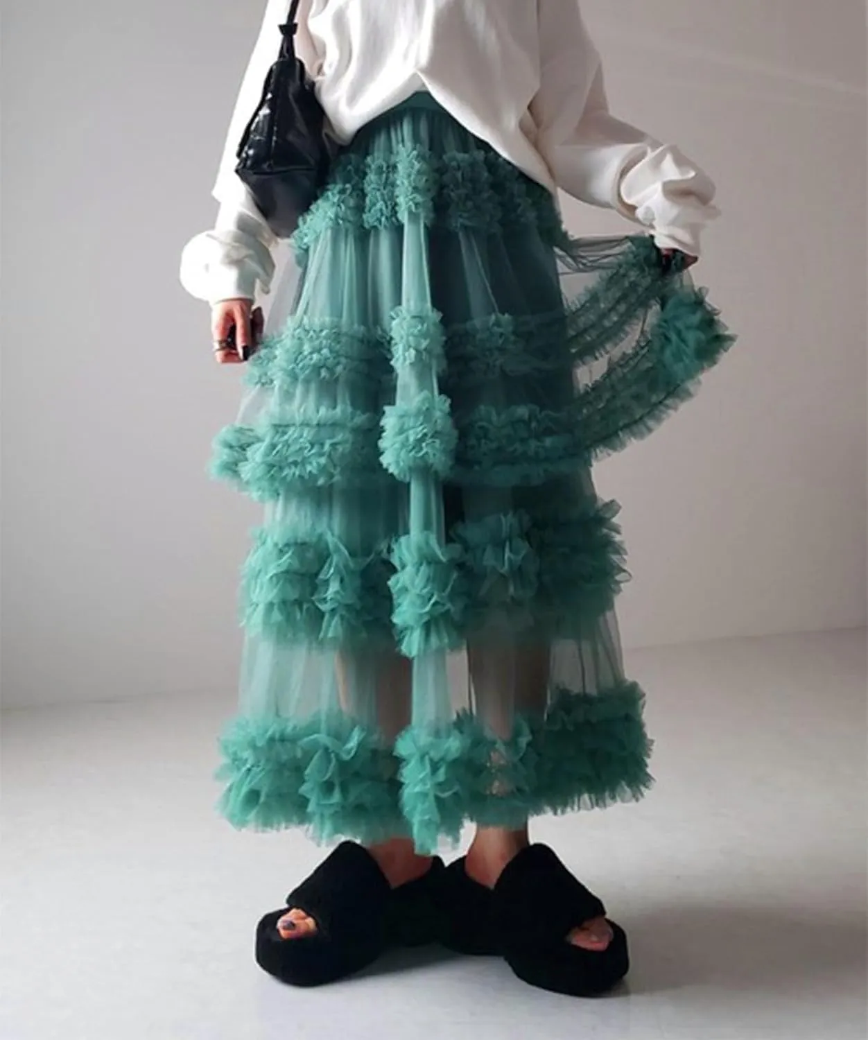 Tulle Skirts for Women Elastic Waist Ruffle Maxi Skirt Tiered Layered Mesh Y2K A-Line Skirt Puffy Tutu Chiffon Pettiskirts