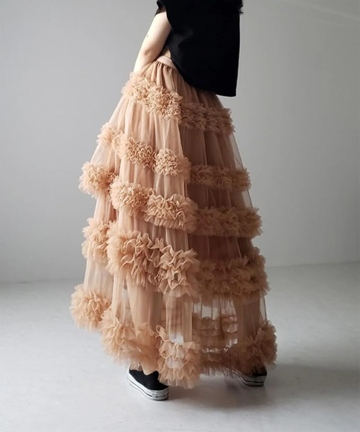 Tulle Skirts for Women Elastic Waist Ruffle Maxi Skirt Tiered Layered Mesh Y2K A-Line Skirt Puffy Tutu Chiffon Pettiskirts