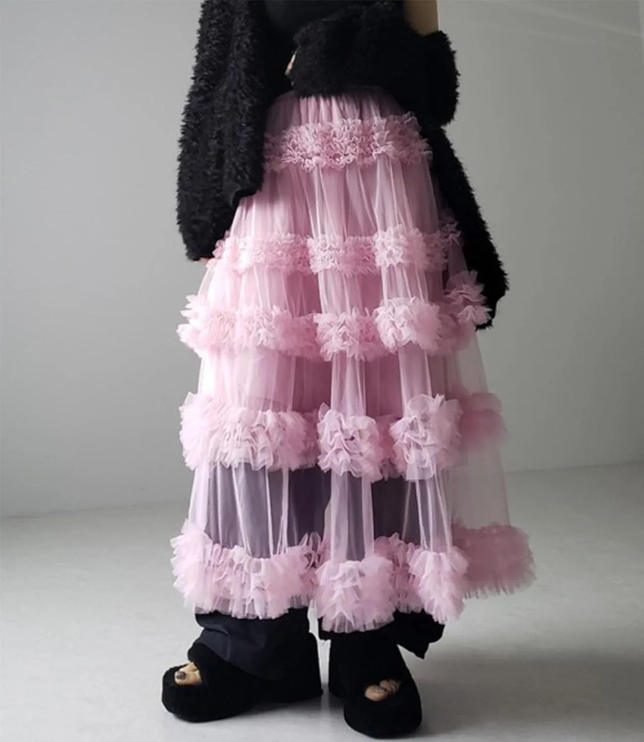 Tulle Skirts for Women Elastic Waist Ruffle Maxi Skirt Tiered Layered Mesh Y2K A-Line Skirt Puffy Tutu Chiffon Pettiskirts