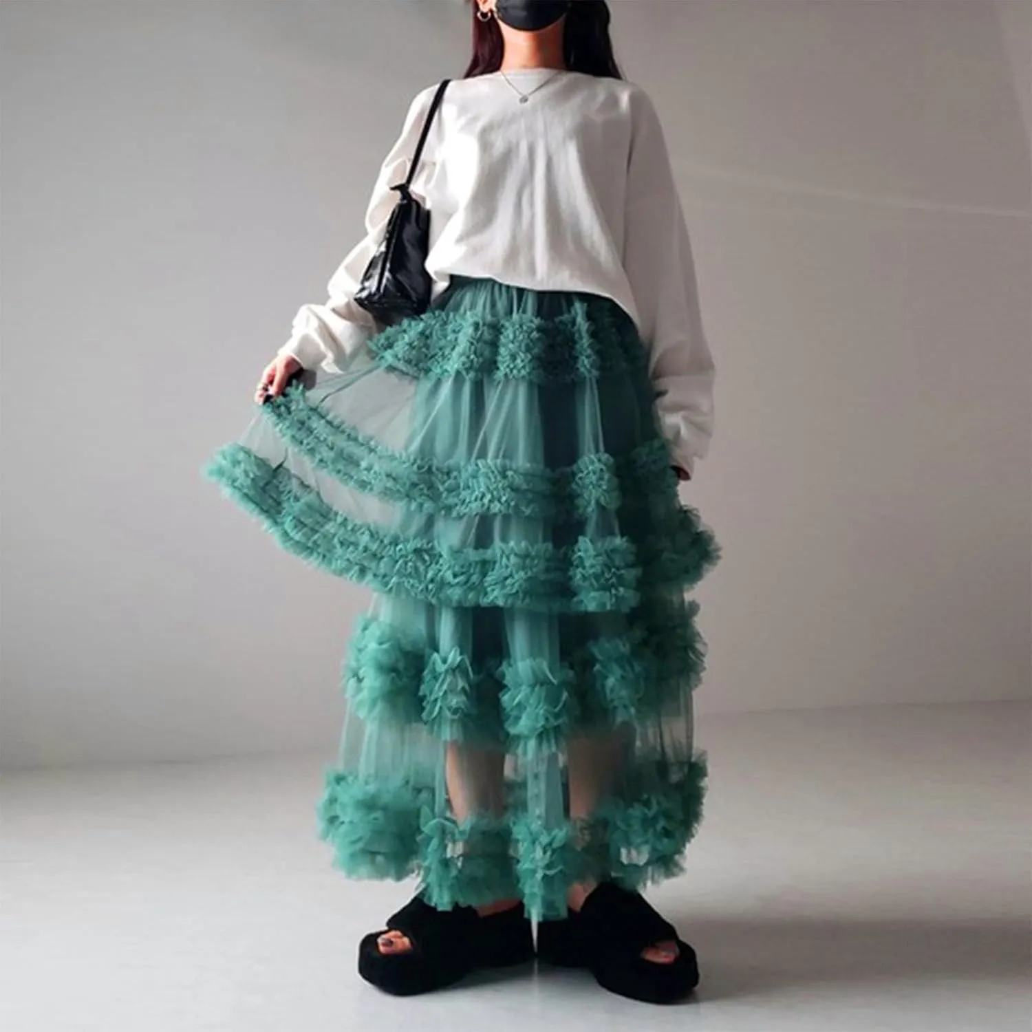 Tulle Skirts for Women Elastic Waist Ruffle Maxi Skirt Tiered Layered Mesh Y2K A-Line Skirt Puffy Tutu Chiffon Pettiskirts