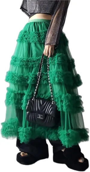Tulle Skirts for Women Elastic Waist Ruffle Maxi Skirt Tiered Layered Mesh Y2K A-Line Skirt Puffy Tutu Chiffon Pettiskirts