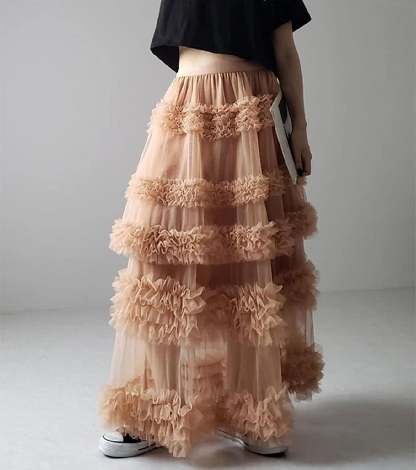 Tulle Skirts for Women Elastic Waist Ruffle Maxi Skirt Tiered Layered Mesh Y2K A-Line Skirt Puffy Tutu Chiffon Pettiskirts