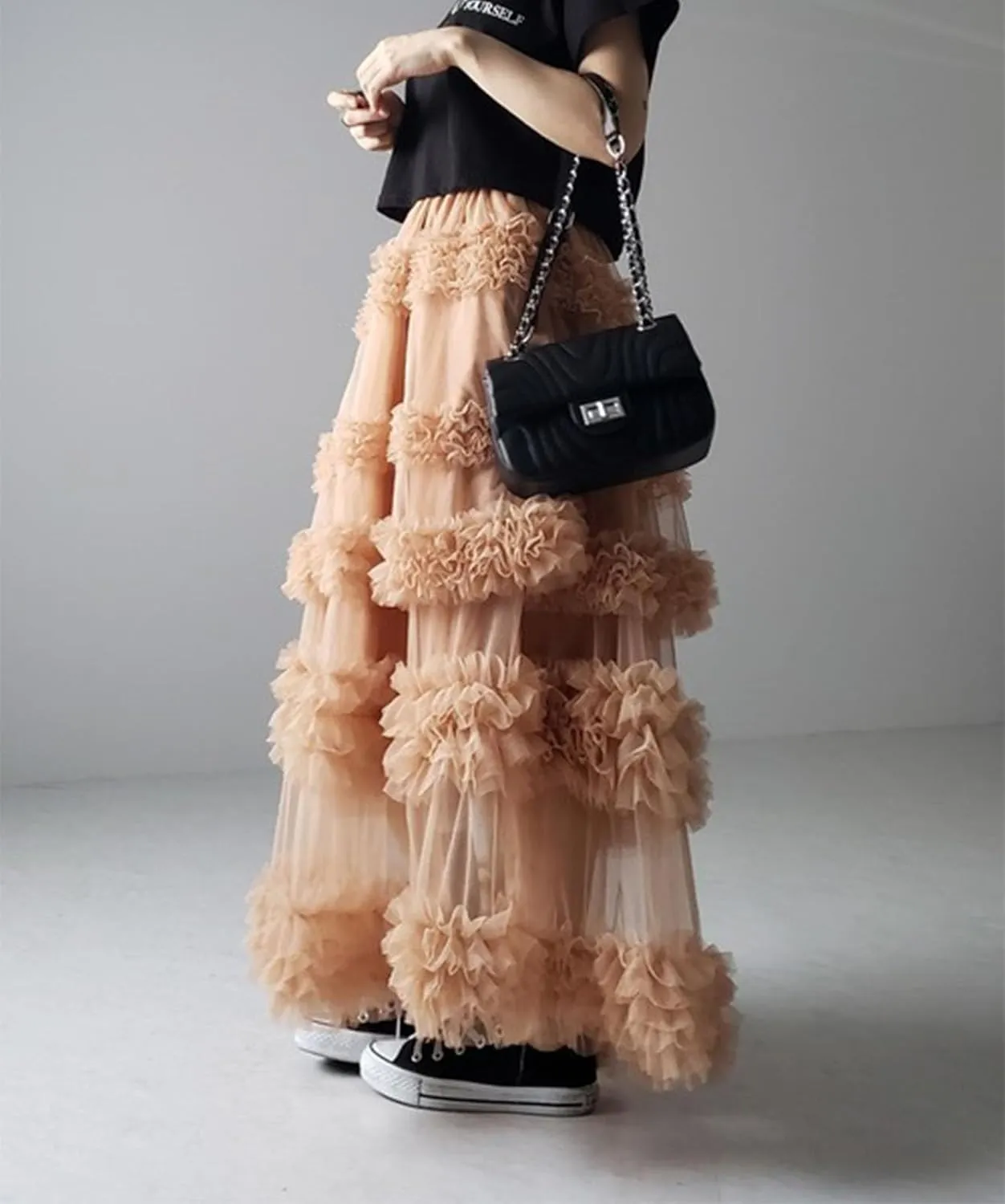 Tulle Skirts for Women Elastic Waist Ruffle Maxi Skirt Tiered Layered Mesh Y2K A-Line Skirt Puffy Tutu Chiffon Pettiskirts