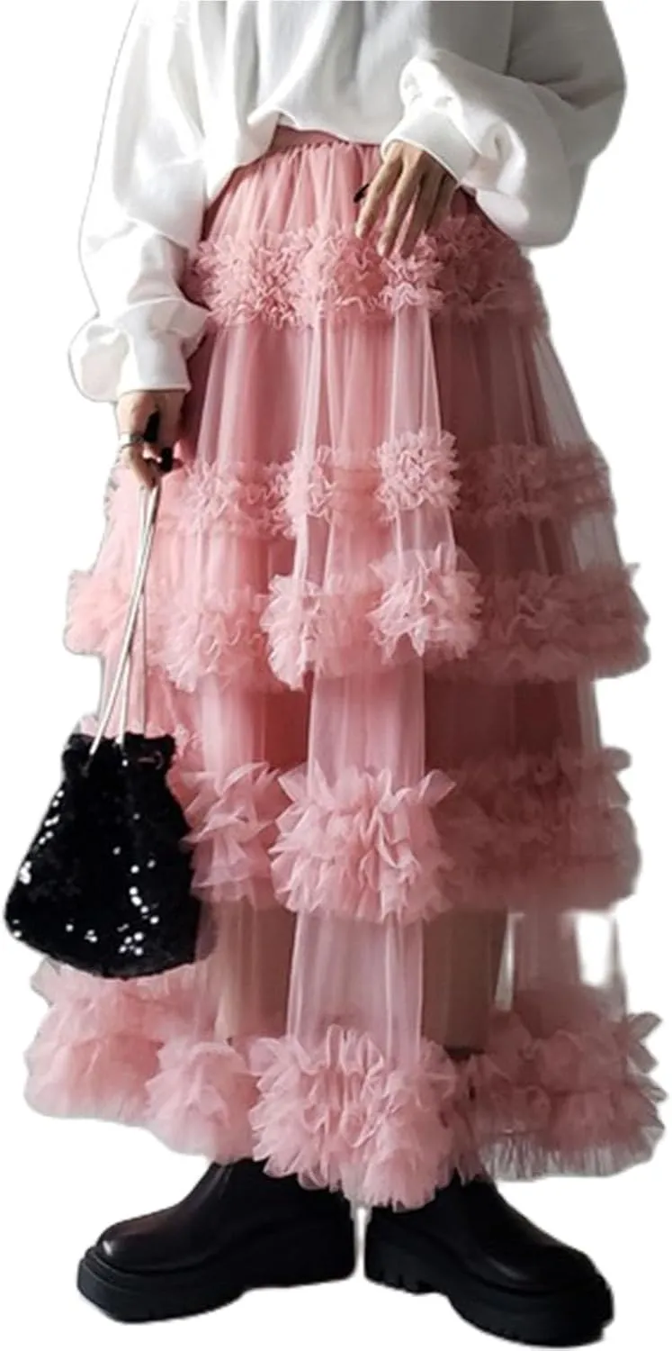 Tulle Skirts for Women Elastic Waist Ruffle Maxi Skirt Tiered Layered Mesh Y2K A-Line Skirt Puffy Tutu Chiffon Pettiskirts