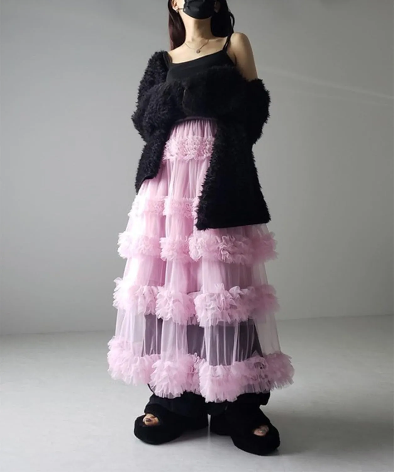 Tulle Skirts for Women Elastic Waist Ruffle Maxi Skirt Tiered Layered Mesh Y2K A-Line Skirt Puffy Tutu Chiffon Pettiskirts