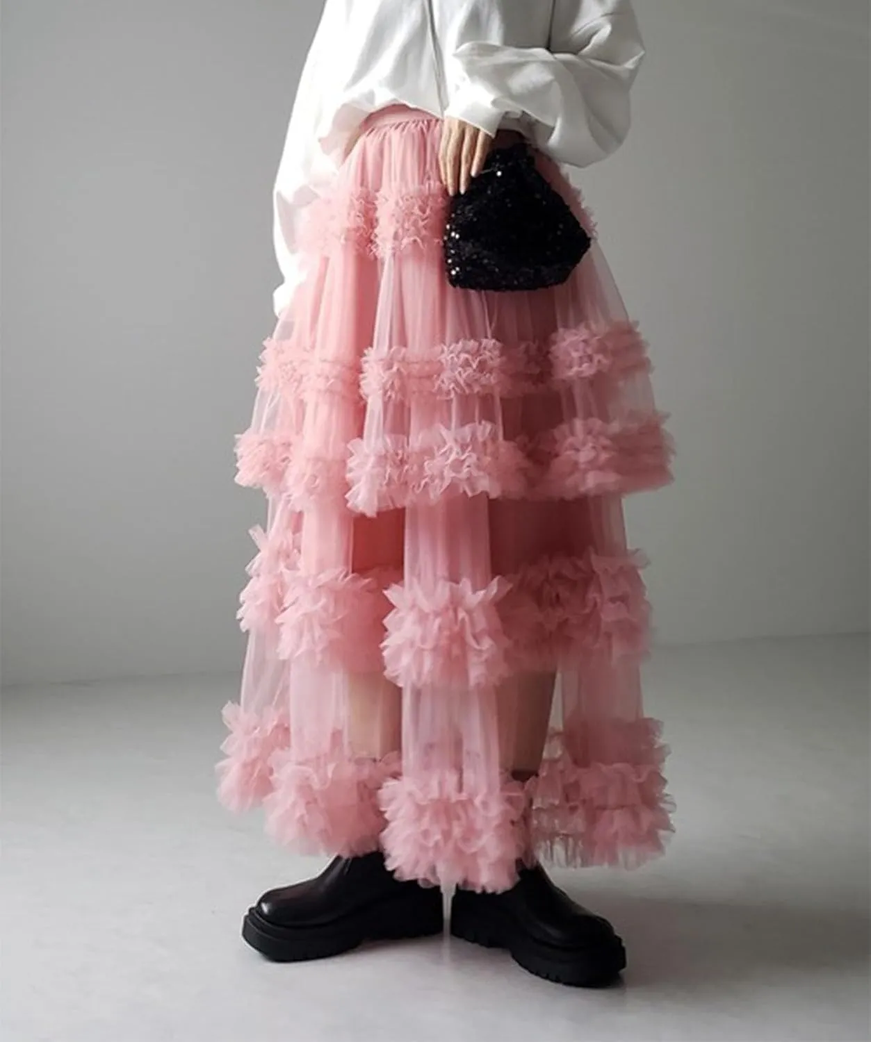 Tulle Skirts for Women Elastic Waist Ruffle Maxi Skirt Tiered Layered Mesh Y2K A-Line Skirt Puffy Tutu Chiffon Pettiskirts