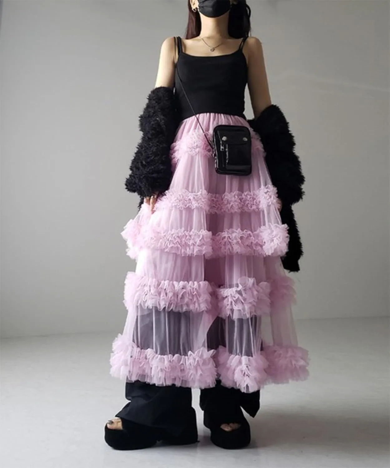 Tulle Skirts for Women Elastic Waist Ruffle Maxi Skirt Tiered Layered Mesh Y2K A-Line Skirt Puffy Tutu Chiffon Pettiskirts