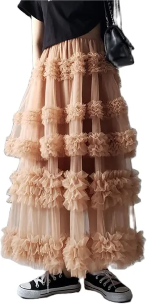 Tulle Skirts for Women Elastic Waist Ruffle Maxi Skirt Tiered Layered Mesh Y2K A-Line Skirt Puffy Tutu Chiffon Pettiskirts