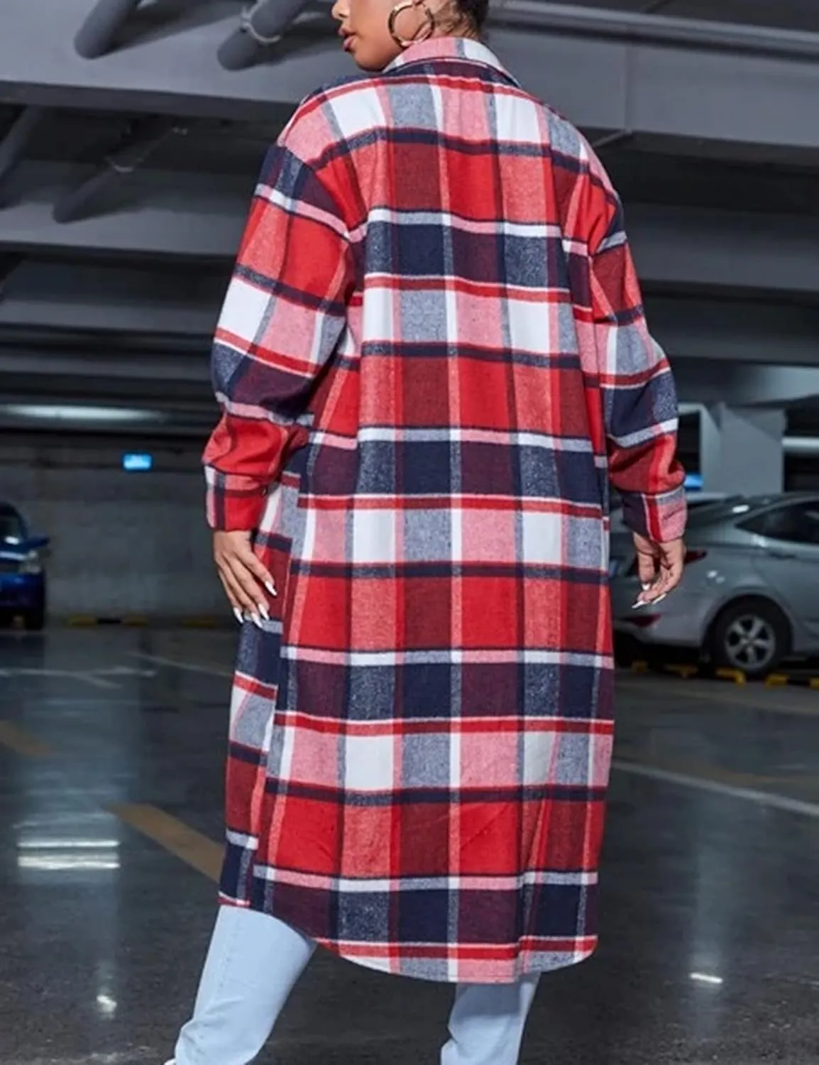 UANEO Plaid Coat Women Button Down Long Plaid Jacket Fall Flannel Trench Coat