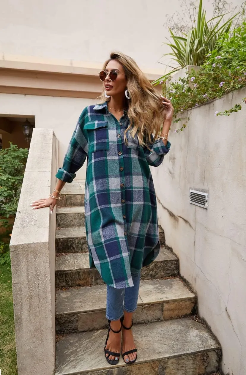 UANEO Plaid Coat Women Button Down Long Plaid Jacket Fall Flannel Trench Coat
