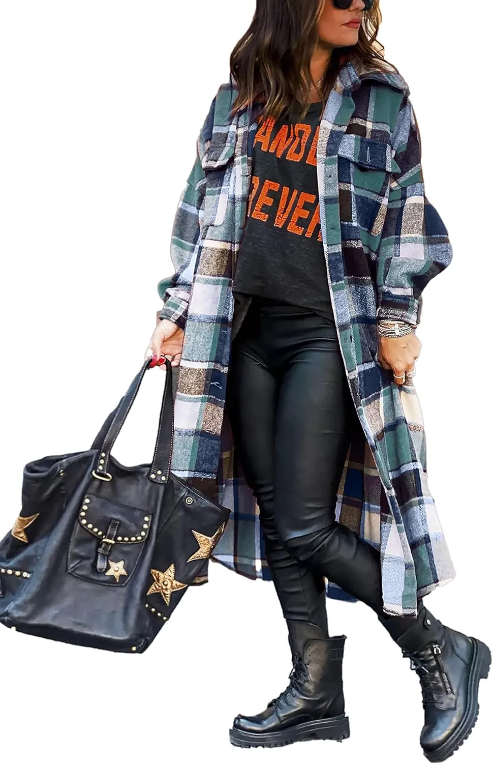 UANEO Plaid Coat Women Button Down Long Plaid Jacket Fall Flannel Trench Coat