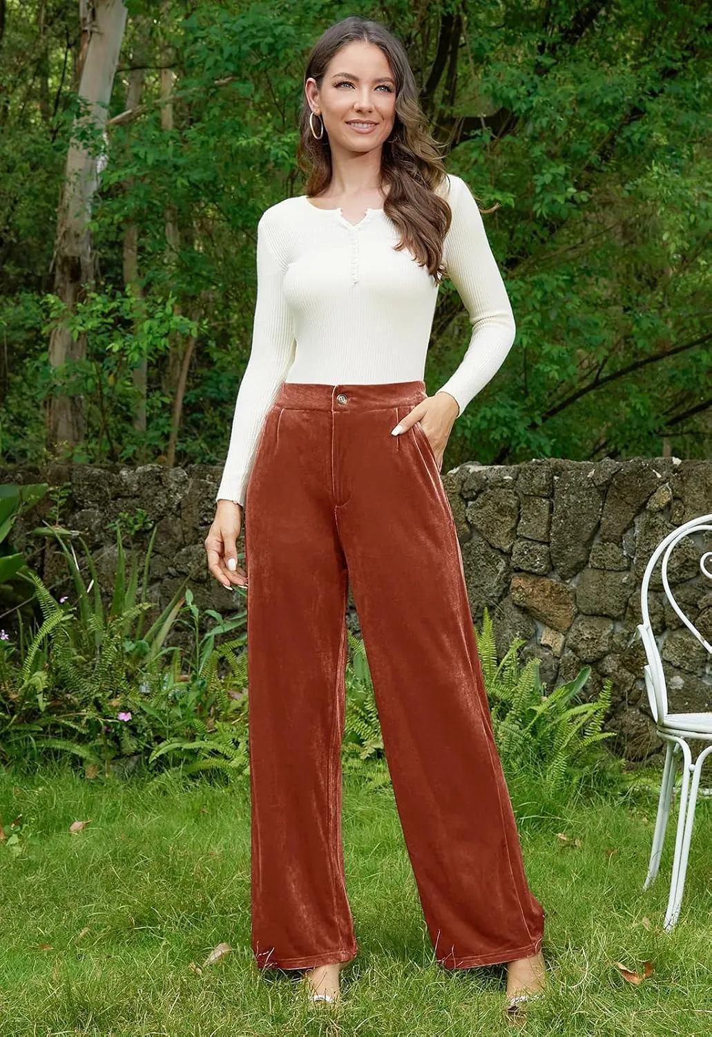 Velvet Pants for Women Dressy Women Casual Wide Leg Pants Stretchy High Waisted Velour Palazzo Pants
