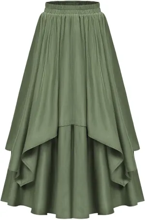 Vintage Ankle-Length Skirts for Women Pleated Tiered Long Skirts High Waisted Asymmetrical Ruffle A Line Maxi Skirt