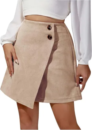 Vintage Suede Mini Skirt for Women Summer High Waist Casual Pencil Skirts Button Wrap Irregular Hem Short Skirt