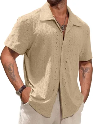Vssjavun Mens Short Sleeve Button Down Shirts Casual Hollow Out Summer Beach Shirt