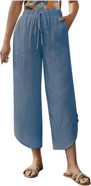 Wide Leg Linen Pants for Women Women'sFashionable and Casual Solid Color Cotton and Linen Loose Fit Casual Capri