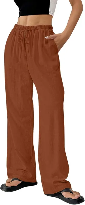 Wide Leg Palazzo Pants for Women Summer Drawstring Elastic Waist Loose Cotton Linen Trousers Casual Beach Comfy Pant