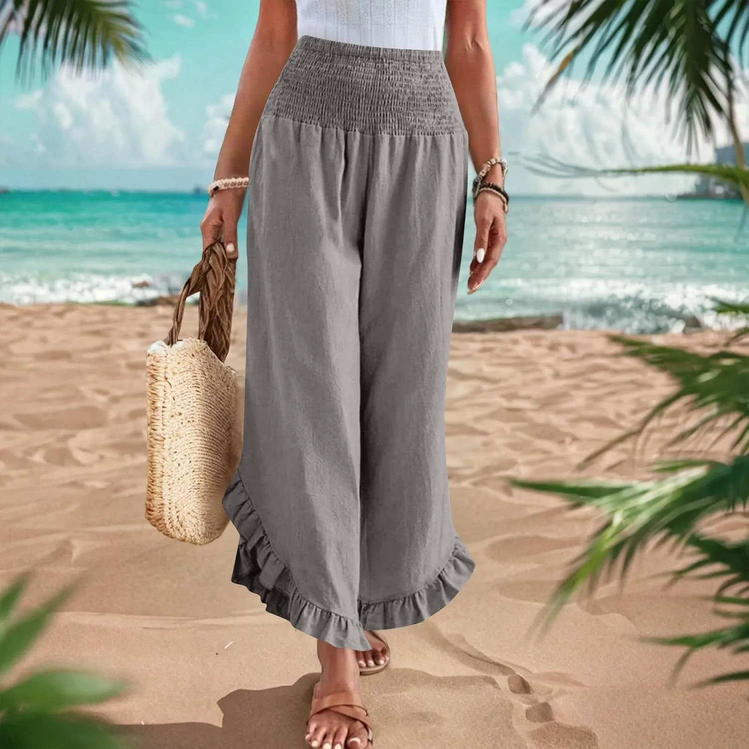Wide Leg Pants for Women 2025 Summer Lounge Palazzo Pants High Waisted Ruffle Hem Boho Beach Flowy Trousers Pockets