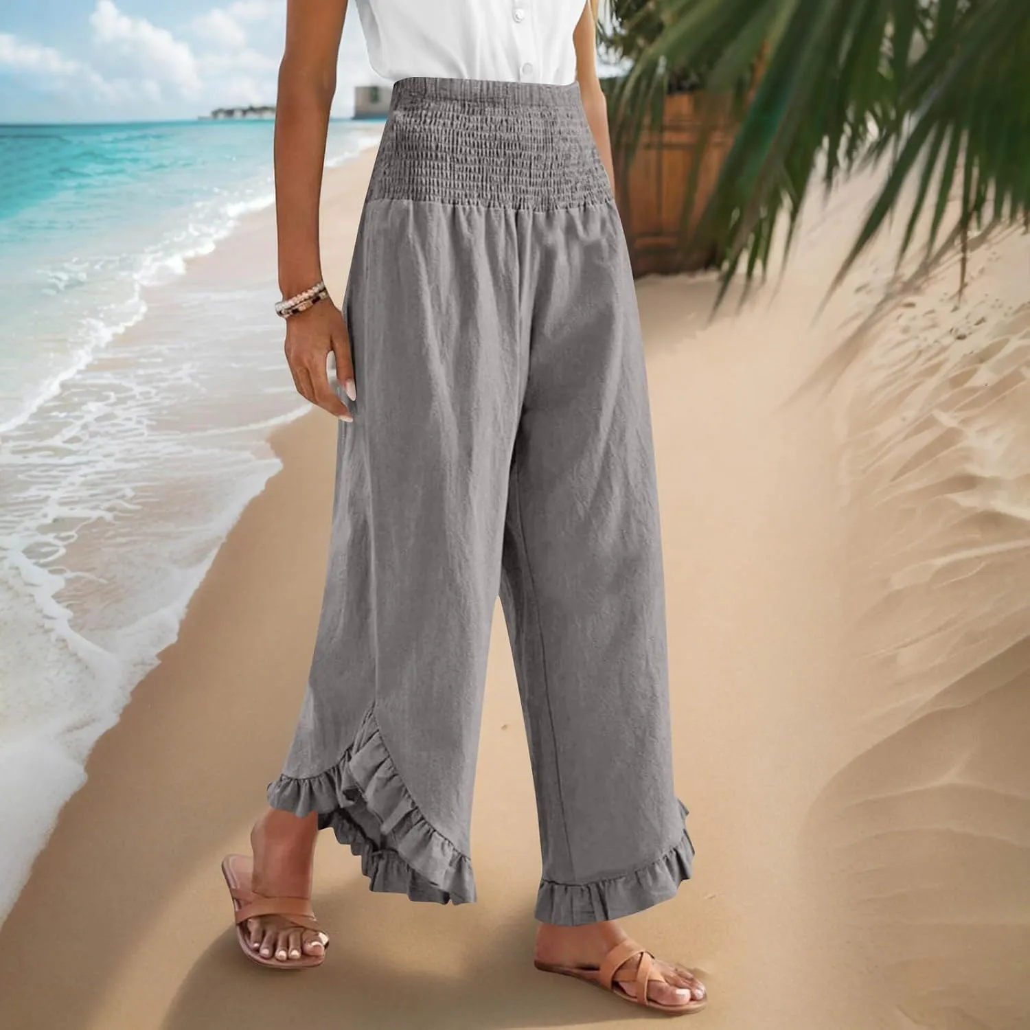 Wide Leg Pants for Women 2025 Summer Lounge Palazzo Pants High Waisted Ruffle Hem Boho Beach Flowy Trousers Pockets