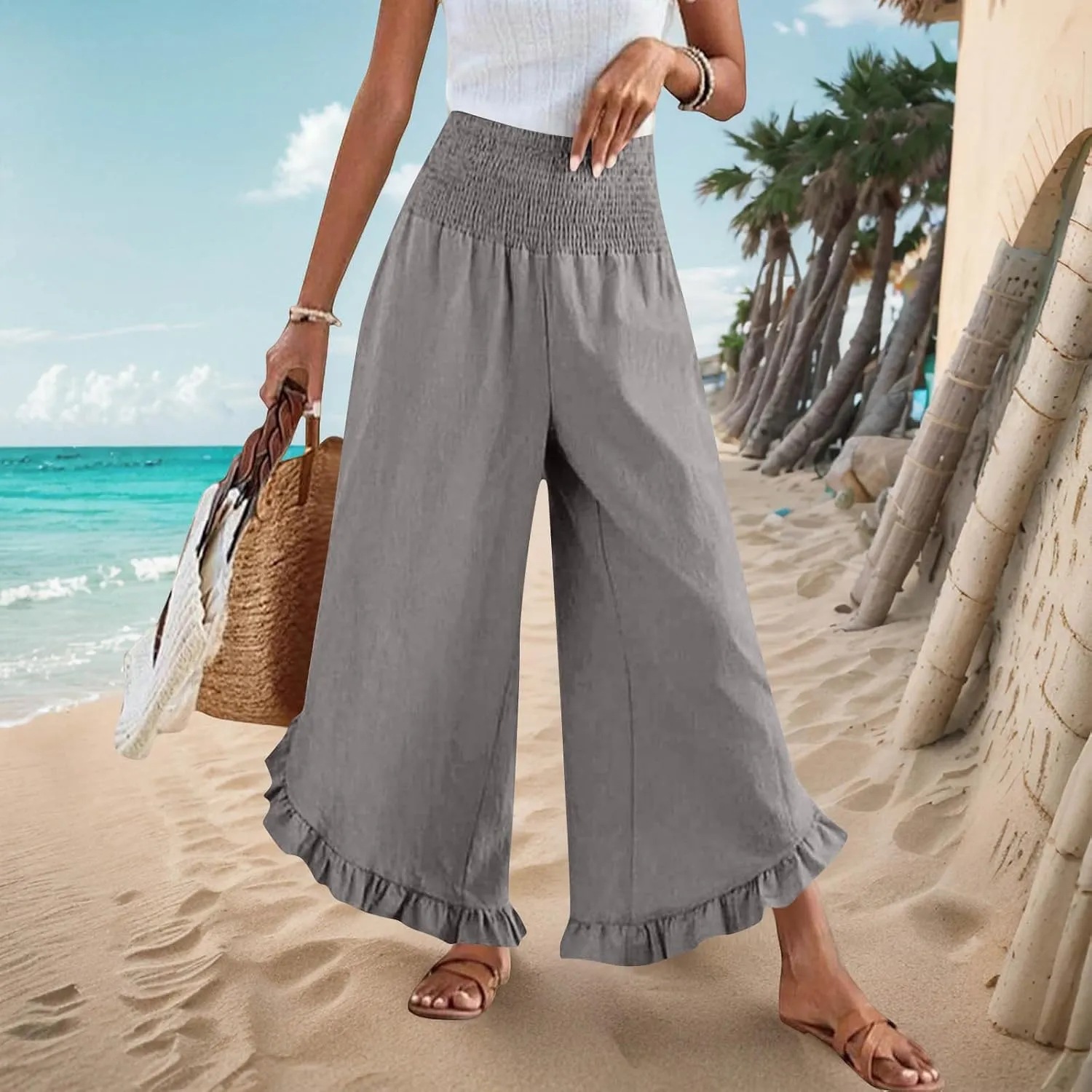 Wide Leg Pants for Women 2025 Summer Lounge Palazzo Pants High Waisted Ruffle Hem Boho Beach Flowy Trousers Pockets