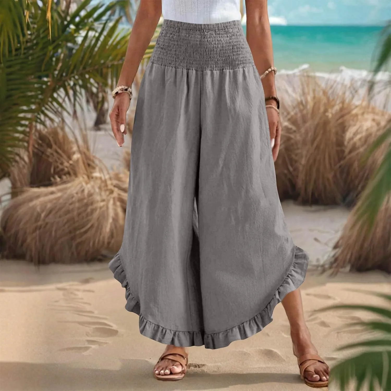 Wide Leg Pants for Women 2025 Summer Lounge Palazzo Pants High Waisted Ruffle Hem Boho Beach Flowy Trousers Pockets