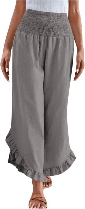 Wide Leg Pants for Women 2025 Summer Lounge Palazzo Pants High Waisted Ruffle Hem Boho Beach Flowy Trousers Pockets