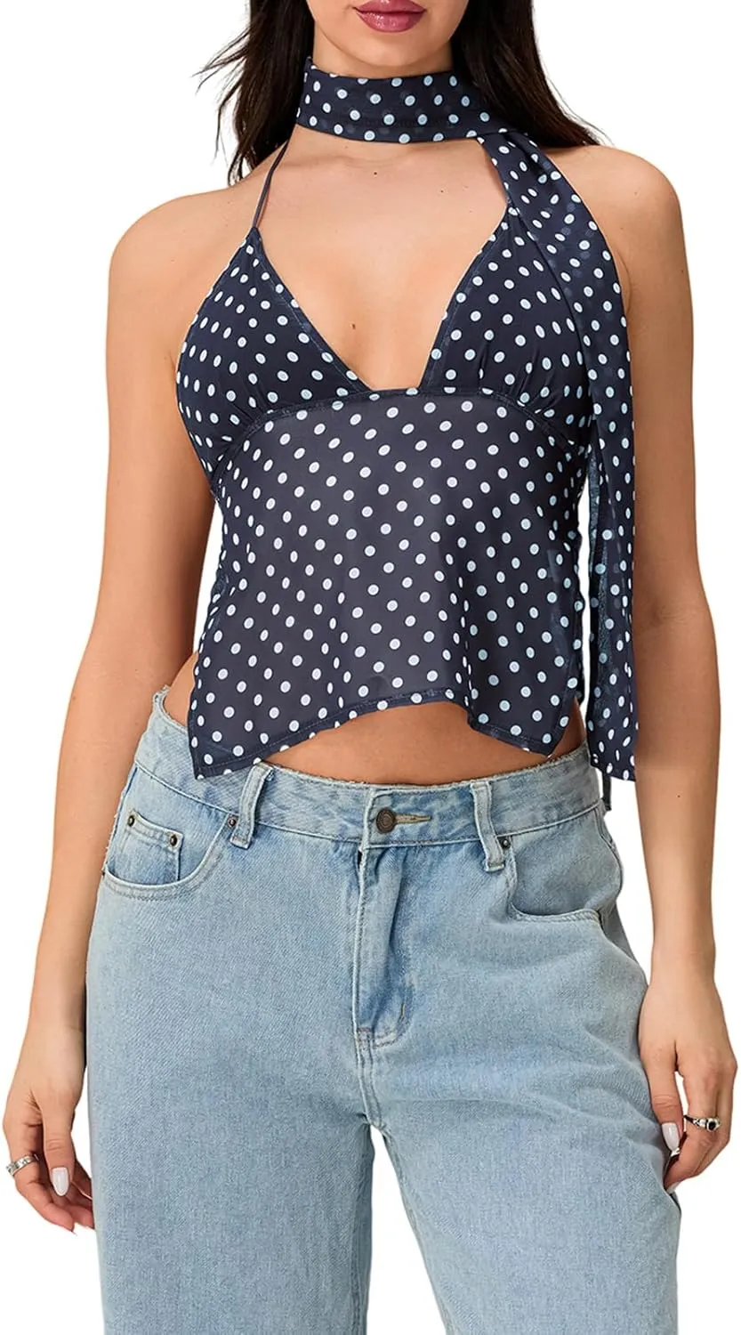 Women Backless Lace Up Halter Tulle Tank Top v Neck Dot Print Sleeveless Tie Up Mesh Cami Crop Top with Ribbon