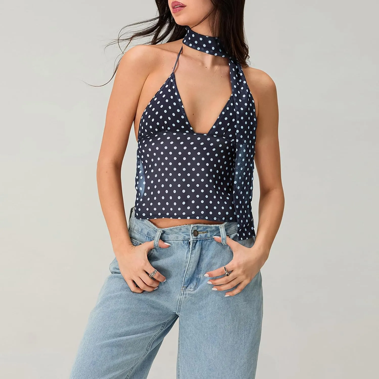 Women Backless Lace Up Halter Tulle Tank Top v Neck Dot Print Sleeveless Tie Up Mesh Cami Crop Top with Ribbon
