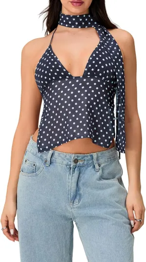 Women Backless Lace Up Halter Tulle Tank Top v Neck Dot Print Sleeveless Tie Up Mesh Cami Crop Top with Ribbon