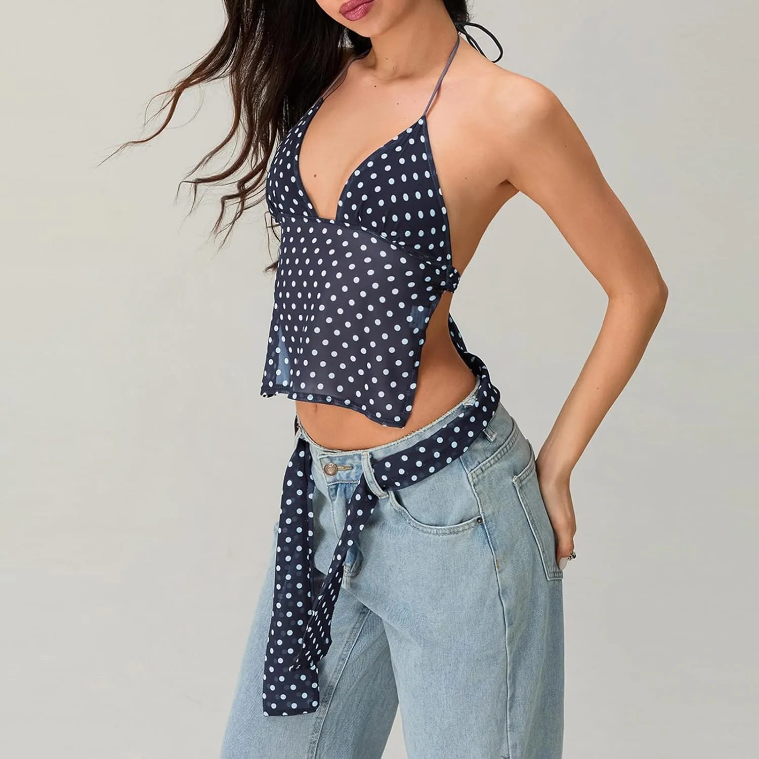 Women Backless Lace Up Halter Tulle Tank Top v Neck Dot Print Sleeveless Tie Up Mesh Cami Crop Top with Ribbon